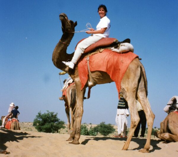 Margo ready to ride in the Thar Desert, Rajasthan, India. Courtesy of Andrew Meissner, reprinted with permission.